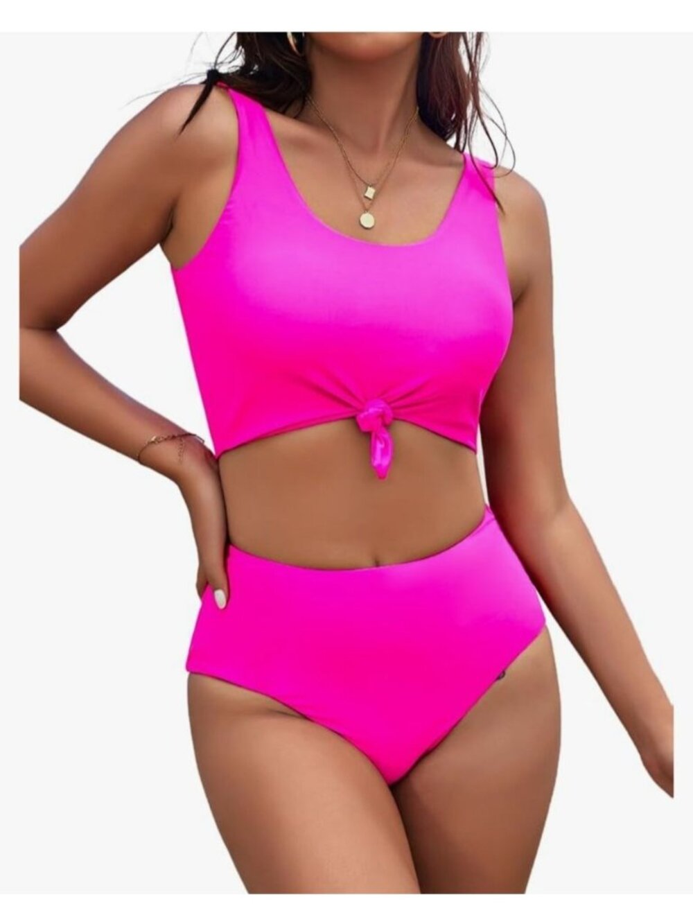 Womens Large Hot Pink High-Waisted Two-Piece Bikini Set Tank Top & Tie Detail